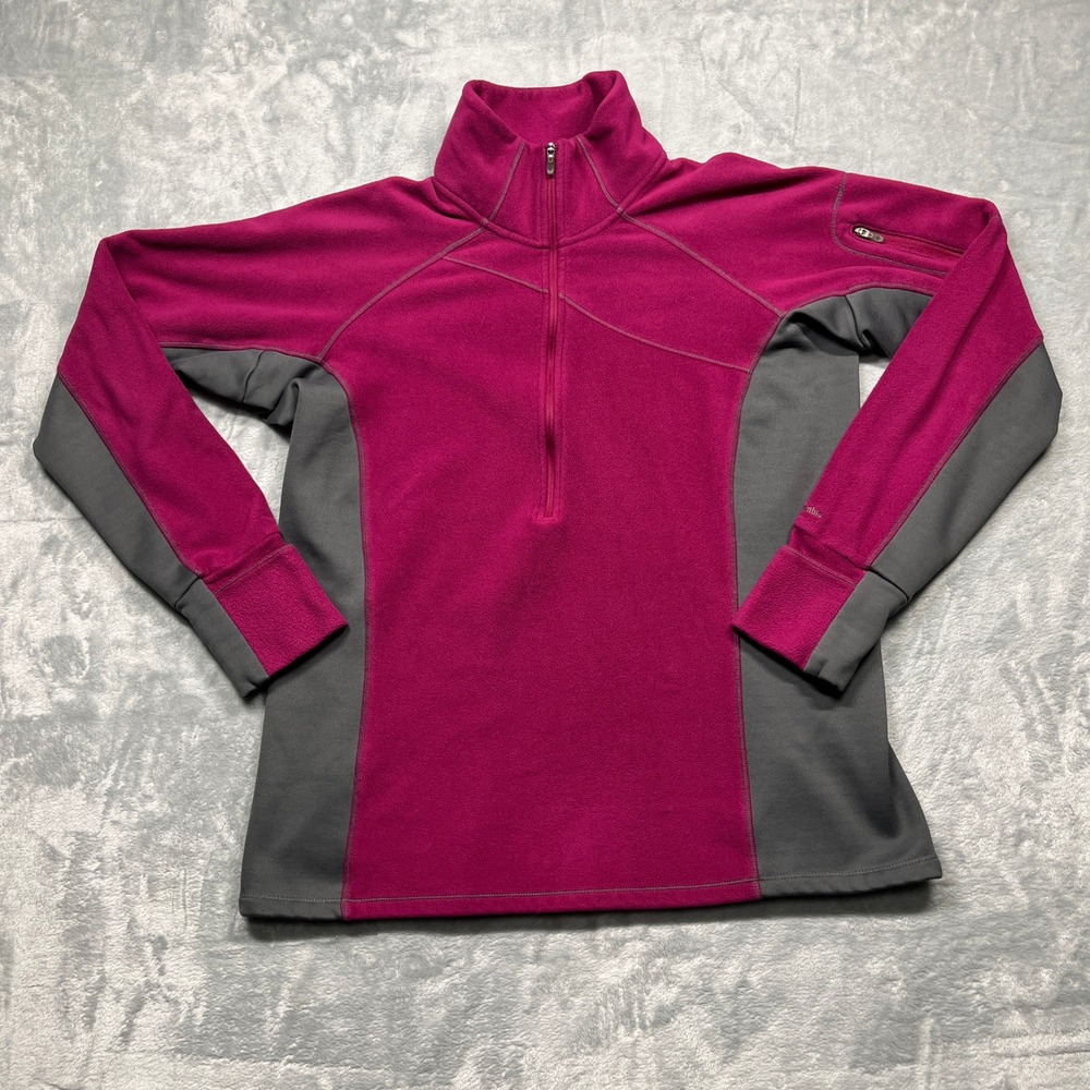 Columbia Fleece Pullover Women Large Purple Grey Quarter Zip Sleeve Pkt Active
